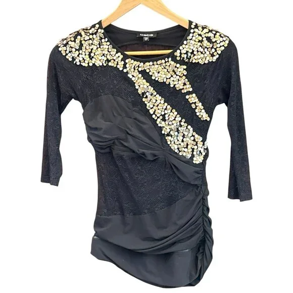 bebe | Tops | Vintage Y2k Bebe Black Gold Lace Sequin Asymmetrical